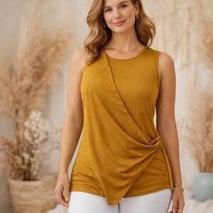 Alfani Mustard Yellow Draped Tank Top Size XL Asymmetrical Overlay Summer Blouse